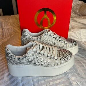 Crystal-Embellished White Platform Sneakers